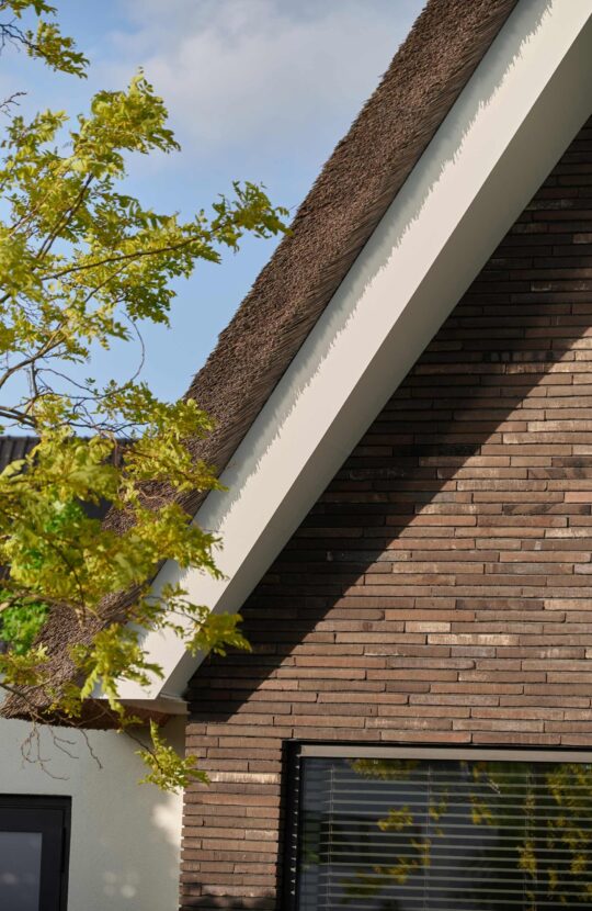 Luxe villa met een rieten dak en donkere stenen