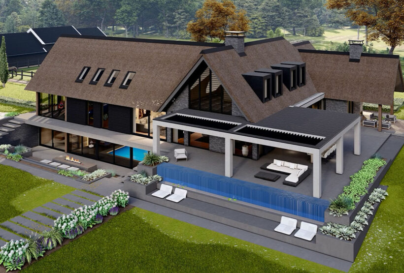 Grote villa met rieten dak en kelder