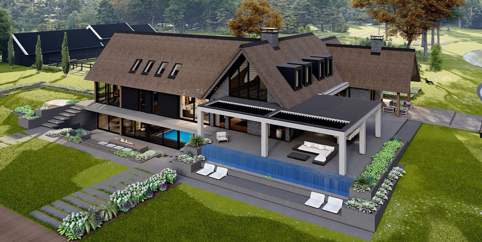 Grote villa met rieten dak en kelder
