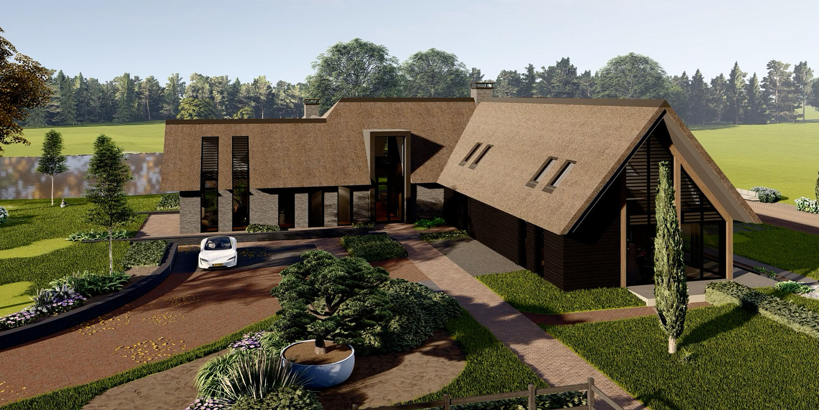 Exterieur landelijke villa met rieten kap