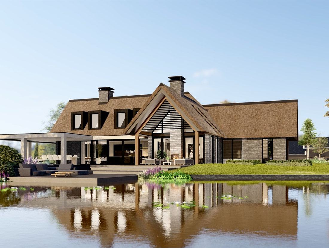 Uniek ontwerp van een rietgedekte villa, geïnspireerd door het landschap