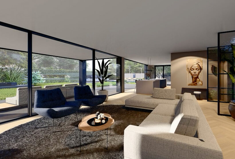 Open en licht interieur van kubistische woning