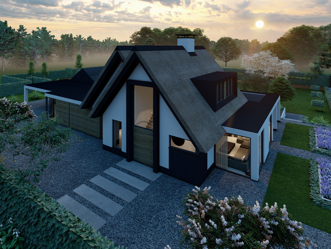 Wit huis met rieten dak