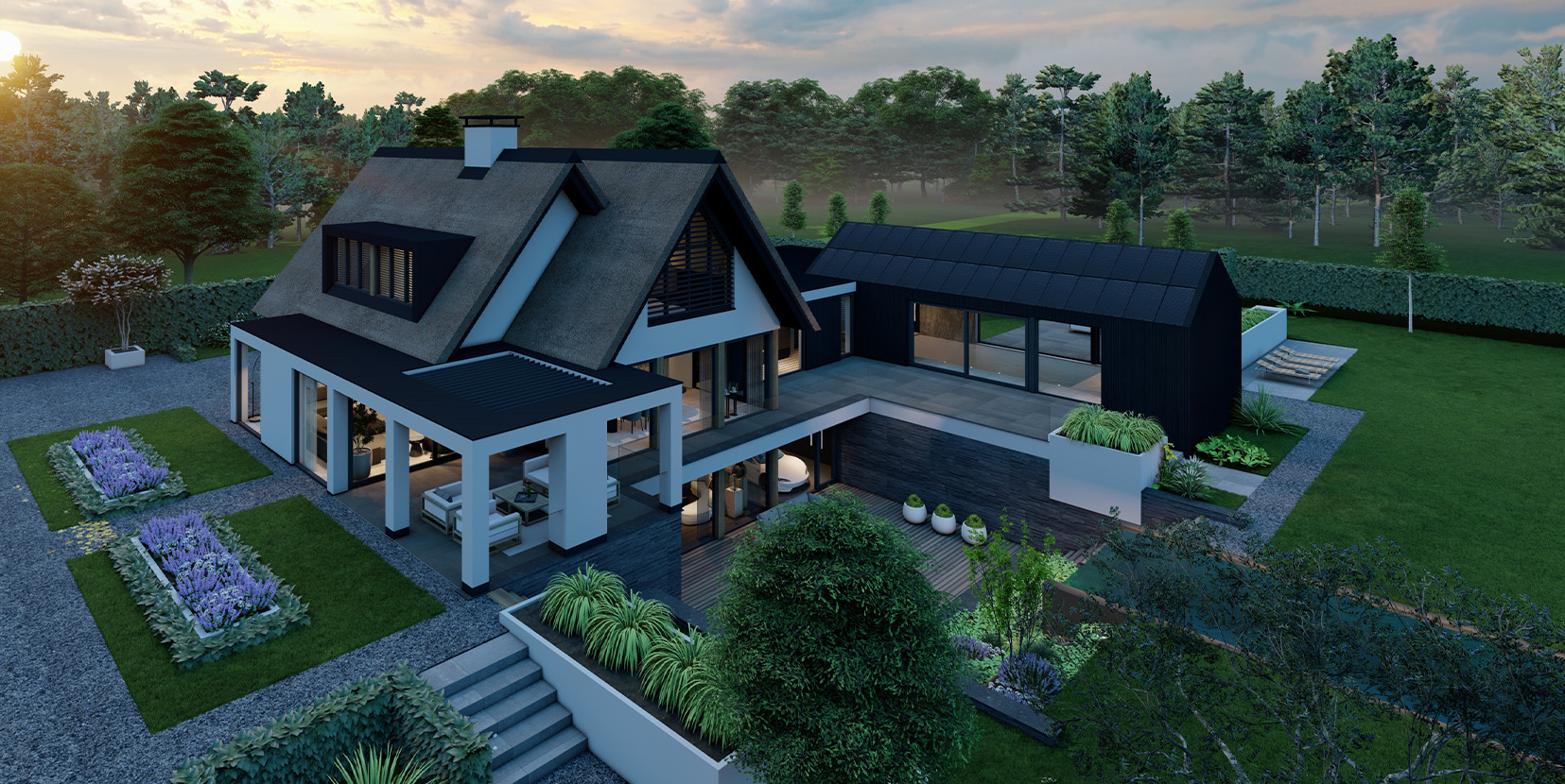 Overview beeld van rieten dak vrijstaande villa met zwembad