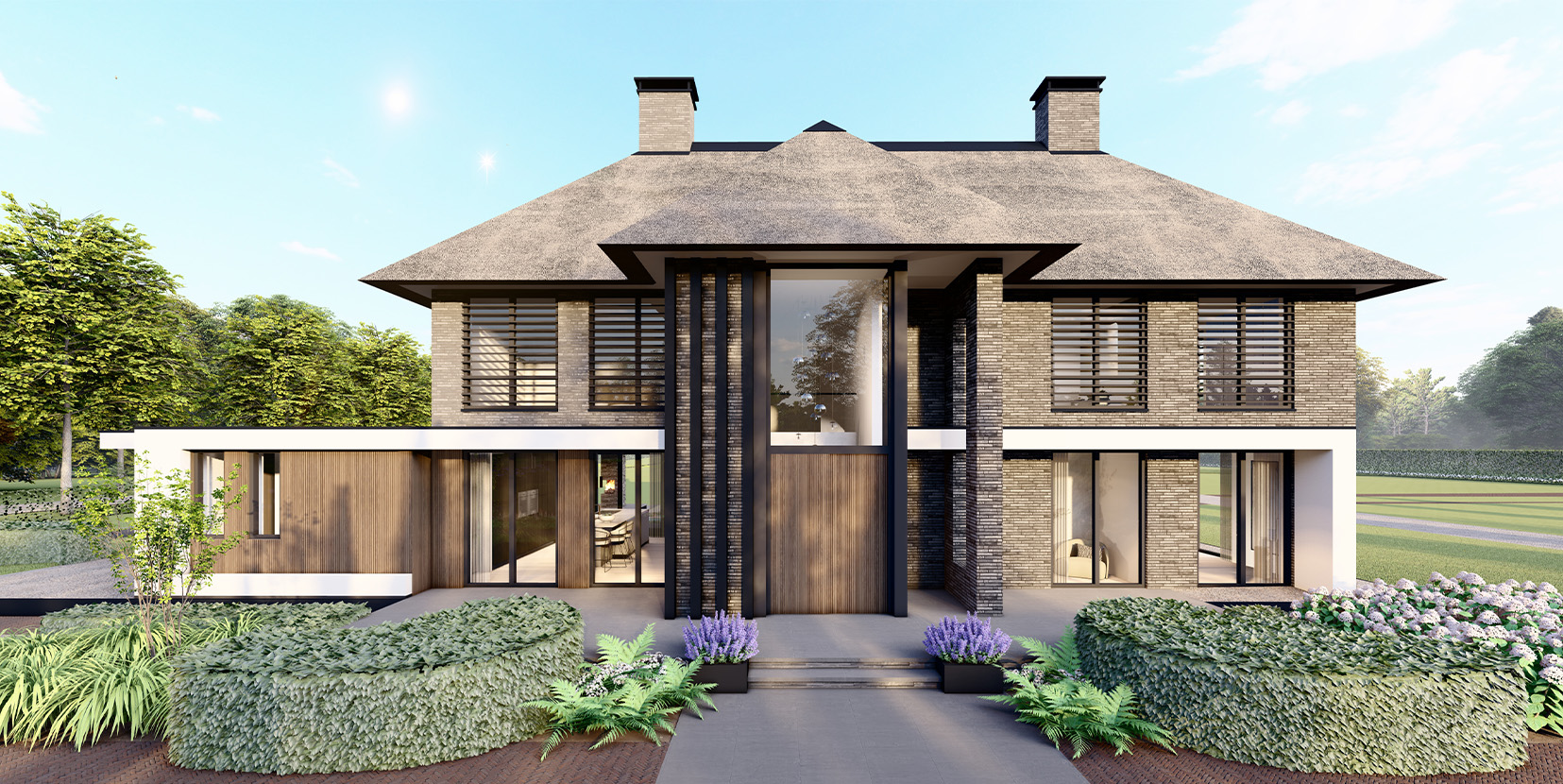 De symmetrische hoofdvorm geeft de woning een rustige en tijdloze uitstraling.
