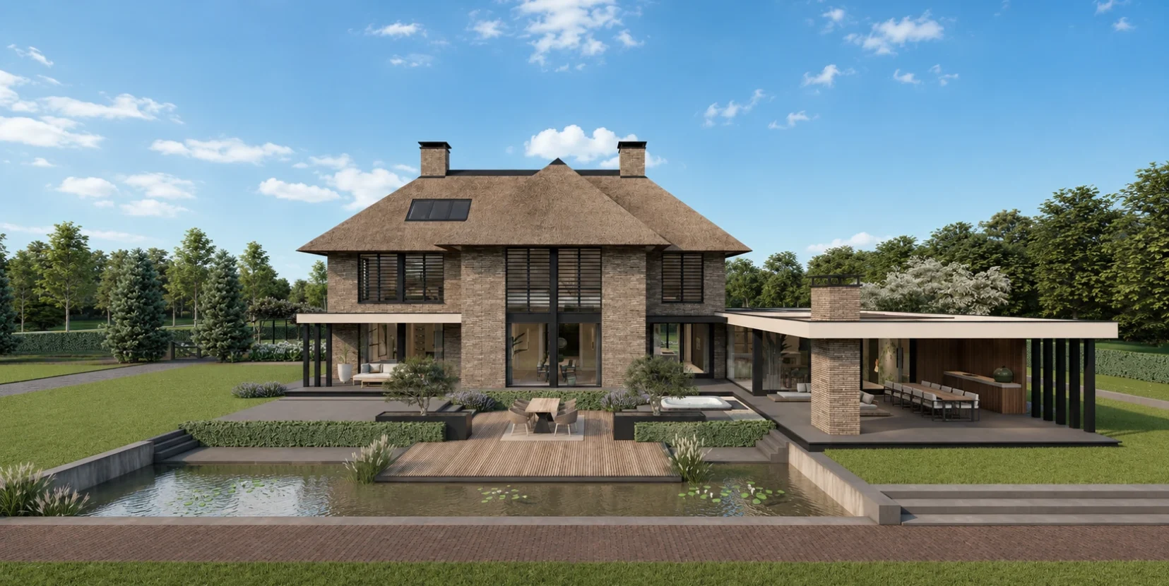 Rietgedekte villa, achtergevel met overkapping. Impressie van Bekhuis & KleinJan
