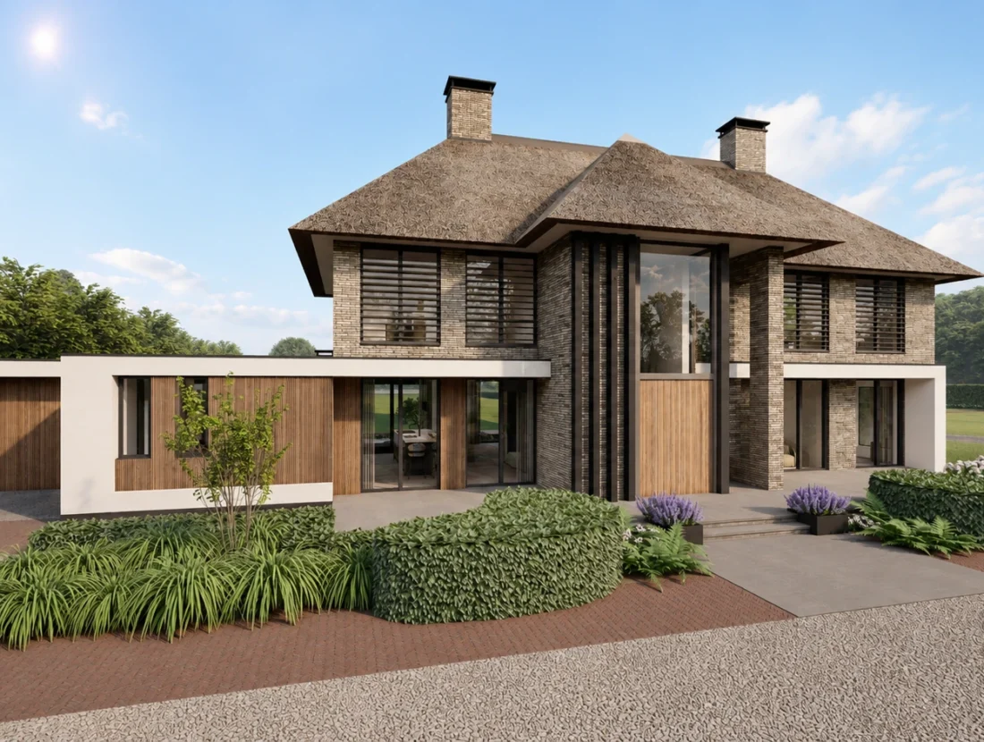 Impressie van een voorgevel van een rietgedekte villa ontworpen door Bekhuis & KleinJan