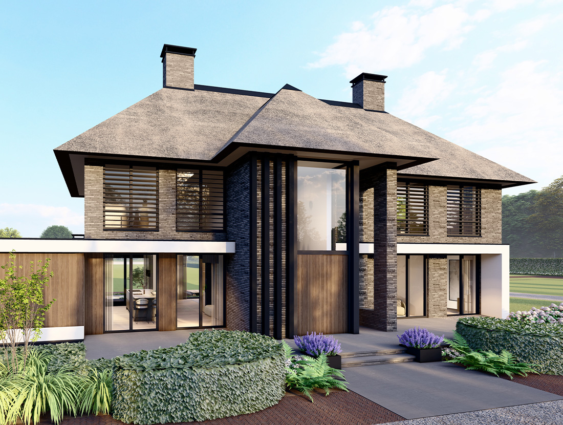 Vrijstaande villa met rieten dak en natuurlijke materialen