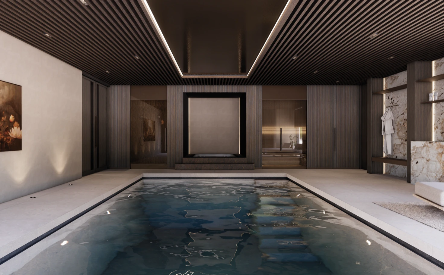 Binnenzwembad in een moderne villa, met wellness. Ontworpen door Bekhuis & KleinJan