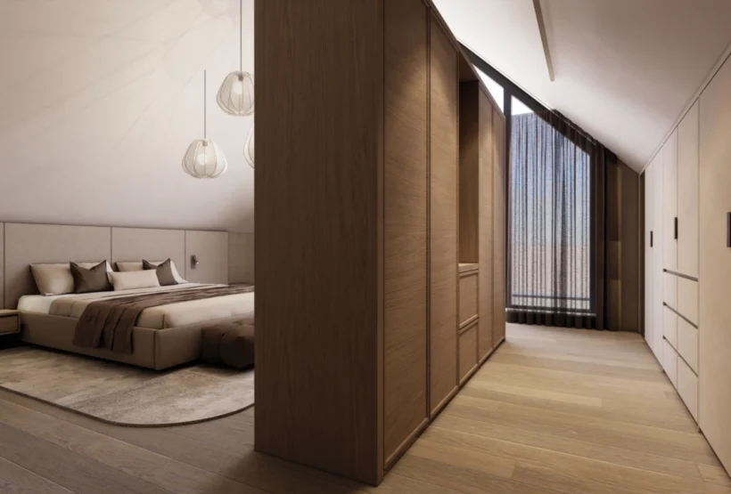 Interieurontwerp van de slaapkamer met inbouwkasten.