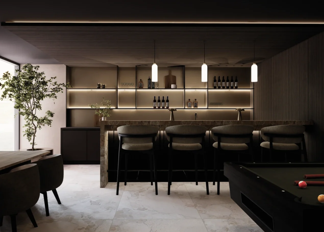 Interieurontwerp van de bar in de kelder, met pooltafel