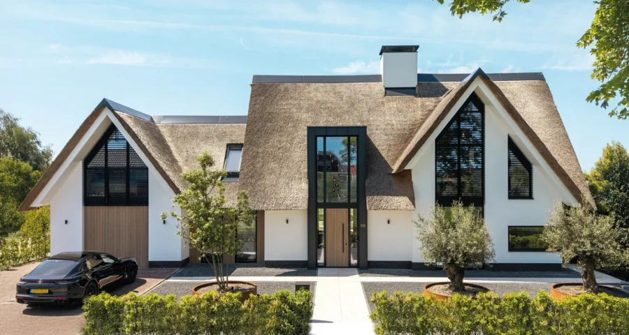 Moderne villa met rieten kap, witte gevel, houten accenten en grote raampartijen, ontworpen door Bekhuis & KleinJan.