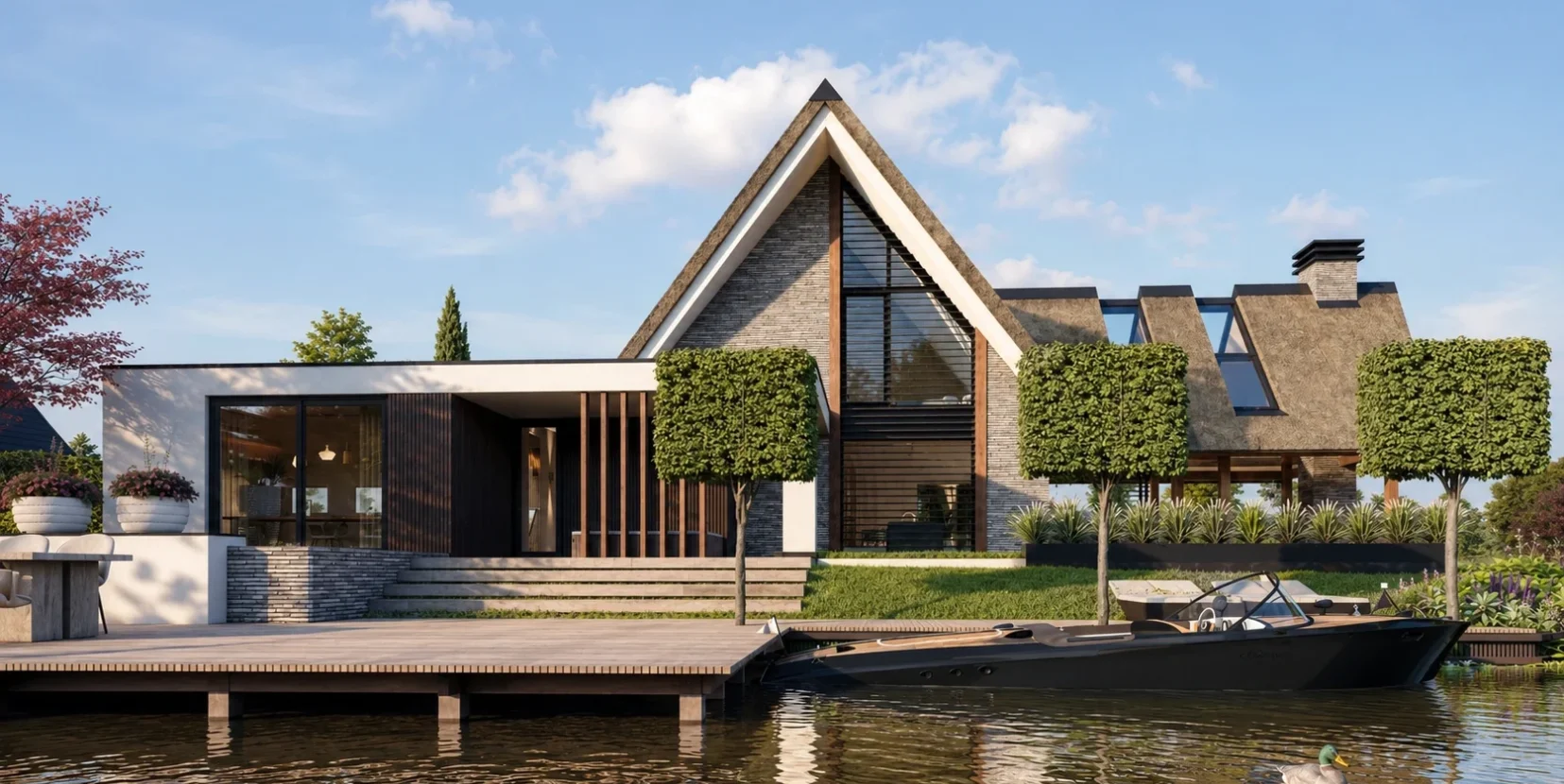 Moderne villa met rieten kap aan het water, ontworpen door Bekhuis & KleinJan