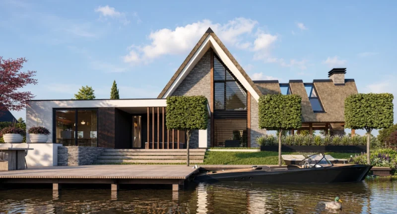 Moderne villa met rieten kap aan het water, ontworpen door Bekhuis & KleinJan