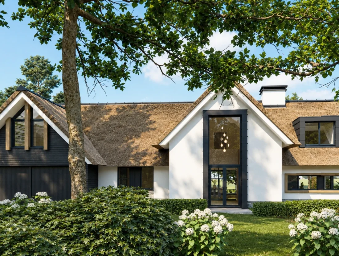 Landelijke villa met rieten kap en witte buitenmuren, ontworpen door Bekhuis & KleinJan
