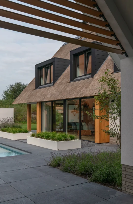 Achterzijde van een landelijk-moderne villa met rieten dak, houten gevelaccenten, grote glaspartijen en zwembad