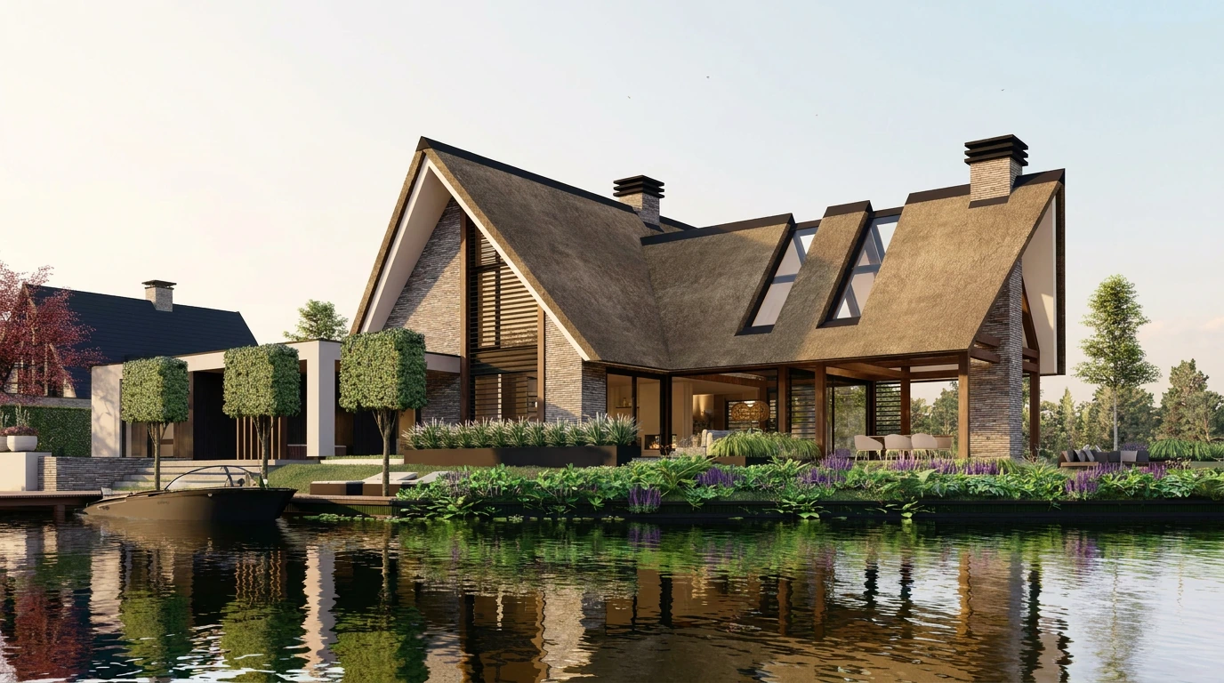 Moderne rietgedekte villa aan het water, ontworpen door Bekhuis & KleinJan