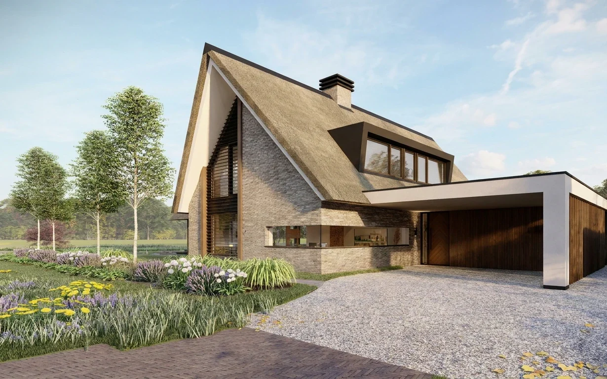 Voorgevel, entree en carport van een rietgedekte villa, ontworpen door Bekhuis & KleinJan