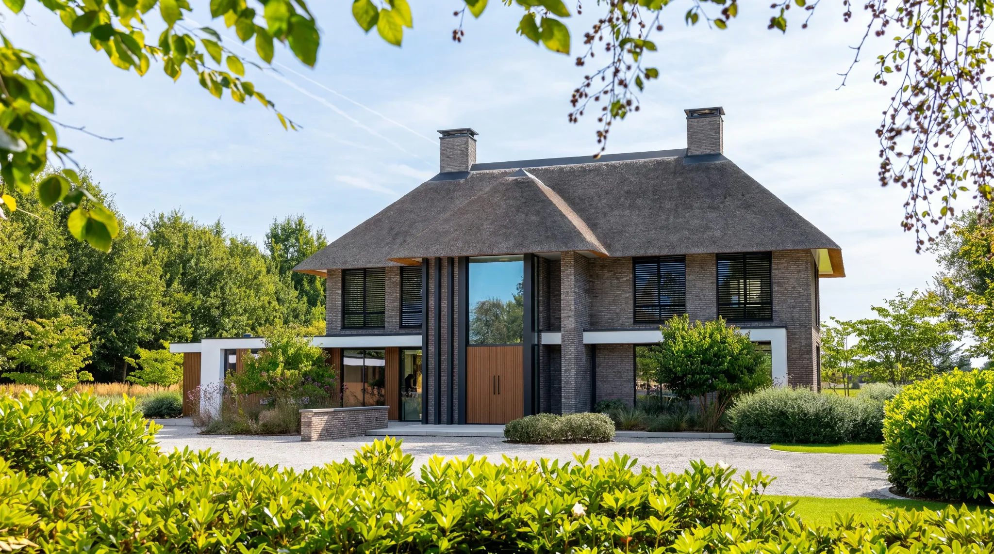 Voorzijde en entree van een klassiek-moderne villa, ontworpen door Bekhuis & KleinJan